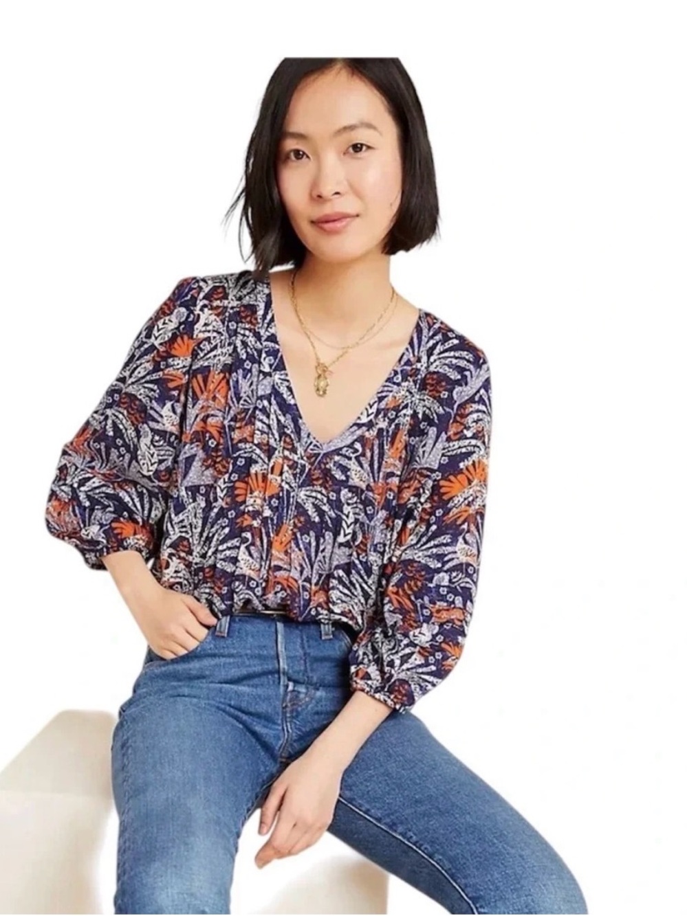 Anthropologie Navy & Orange Floral V-Neck Peasant Top